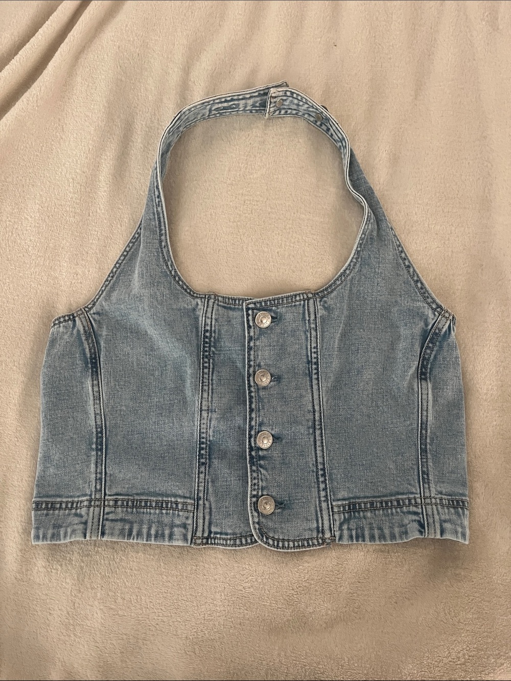 American Eagle Outfitters Smocked Denim Halter Top - Faded Blue
